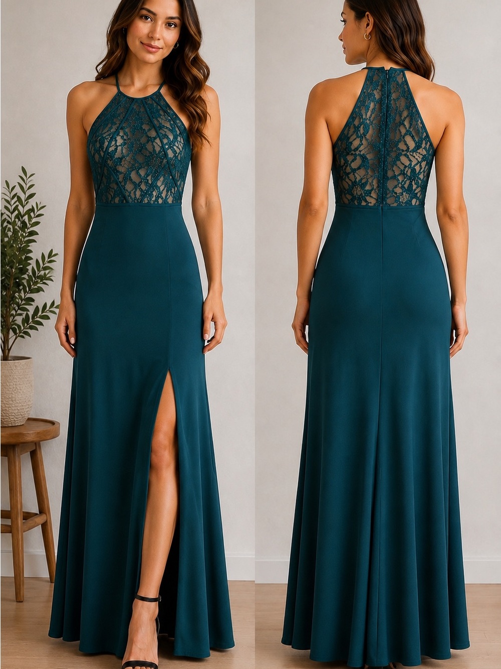 Morgan & Co. Teal Lace Halter Prom Gown with Front Slit